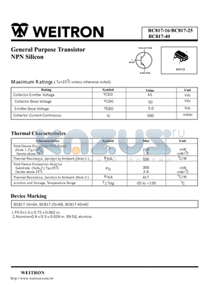 BC817-16 datasheet - General Purpose Transistor NPN Silicon