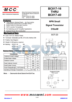 BC817-16-TP datasheet - NPN Small Signal Transistor 310mW