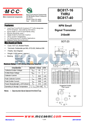 BC817-16 datasheet - NPN Small Signal Transistor 310mW