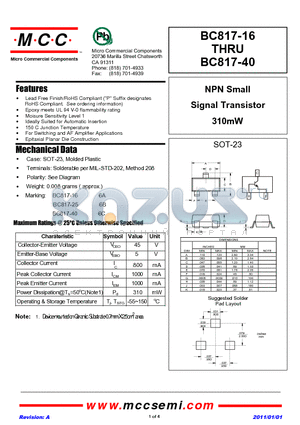 BC817-16_11 datasheet - NPN Small Signal Transistor 310mW