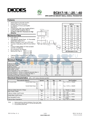 BC817-25-7-F datasheet - NPN SURFACE MOUNT SMALL SIGNAL TRANSISTOR