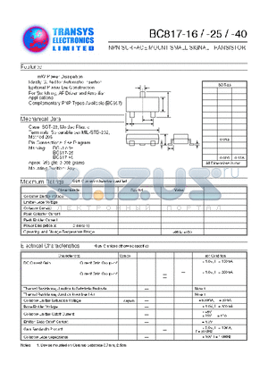 BC817-40 datasheet - NPN SURFACE MOUNT SMALL SIGNAL TRANSISTOR