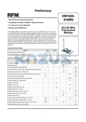 DM1800-434MN datasheet - 433.92 MHz Transceiver Module