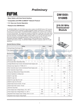 DM1800-916MB datasheet - 916.50 MHz Transceiver Module