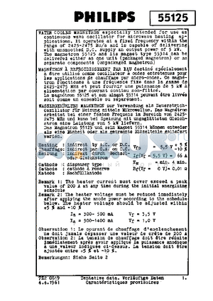 55125 datasheet - WATER COOLED MAGNETRON ESPECIALLY INTENDED FOR USE AS CONTINUOUS WAVE OSCILLATOR