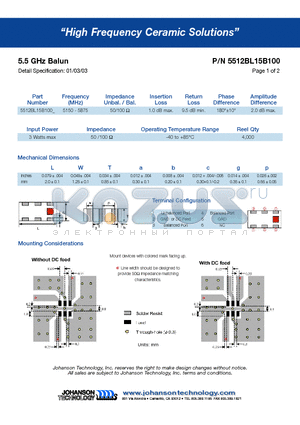 5512BL15B100 datasheet - 5.5 GHz Balun