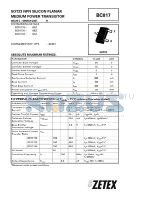 BC81725 datasheet - NPN SILICON PLANAR MEDIUM POWER TRANSISTOR