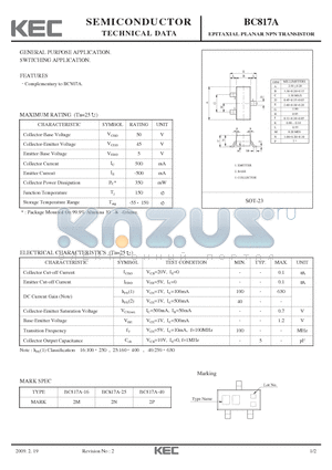 BC817A datasheet - EPITAXIAL PLANAR NPN TRANSISTOR