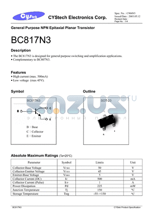 BC817N3 datasheet - General Purpose NPN Epitaxial Planar Transistor