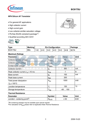 BC817SU datasheet - NPN Silicon AF Transistor