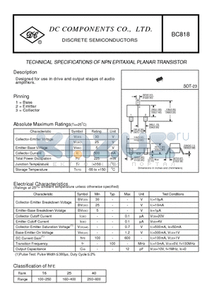 BC818 datasheet - TECHNICAL SPECIFICATIONS OF NPN EPITAXIAL PLANAR TRANSISTOR