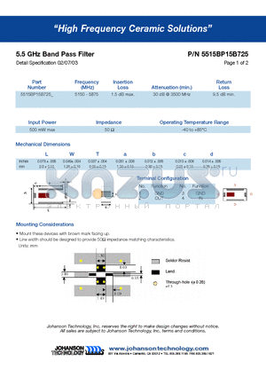 5515BP15B725 datasheet - 5.5 GHz Band Pass Filter