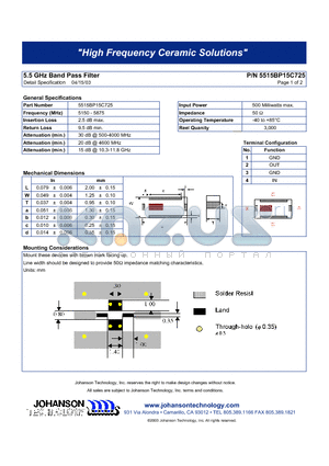 5515BP15C725 datasheet - 5.5 GHz Band Pass Filter