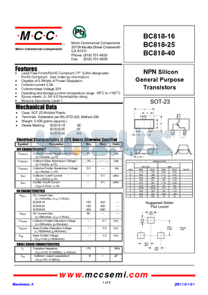 BC818-16 datasheet - NPN Silicon General Purpose Transistors