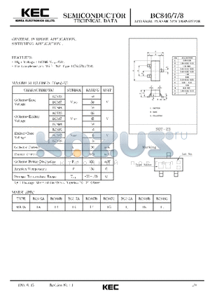 BC846 datasheet - EPITAXIAL PLANAR NPN TRANSISTOR (GENERAL PURPOSE, SWITCHING)