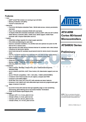 ATSAM3U4EA-AU datasheet - AT91ARM Cortex M3-based Microcontrollers