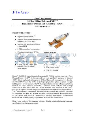 DM200-02-0 datasheet - 10Gb/s 200km Telecom CMLTM Transmitter Optical Sub-Assembly (TOSA)