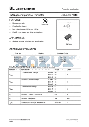 BC846 datasheet - NPN general purpose Transistor