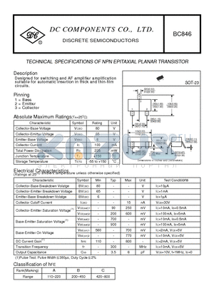 BC846 datasheet - TECHNICAL SPECIFICATIONS OF NPN EPITAXIAL PLANAR TRANSISTOR