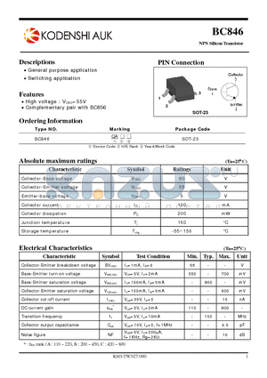 BC846 datasheet - General purpose application