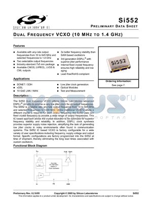 552DA622M080BGR datasheet - DUAL FREQUENCY VCXO (10 MHZ TO 1.4 GHZ)