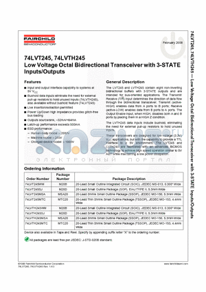 74LVTH245_08 datasheet - 74LVT245, 74LVTH245 Low Voltage Octal Bidirectional Transceiver with 3-STATE Inputs/Outputs