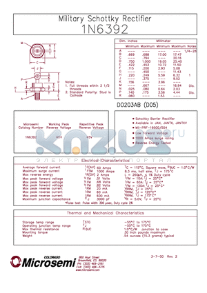 1N6392 datasheet - Military Schottky Rectifier