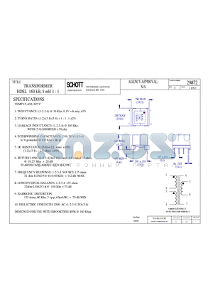 29872 datasheet - TRANSFORMER HDSL 160 kB, 8 mH 1 : 1