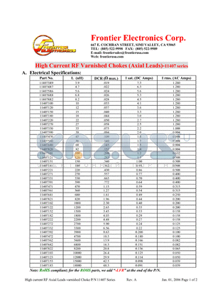 11407100-LFR datasheet - High Current RF Varnished Chokes (Axial Leads)