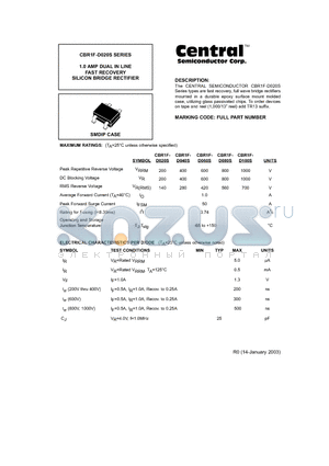 CBR1F-D020S datasheet - 1.0 AMP DUAL IN LINE FAST RECOVERY SILICON BRIDGE RECTIFIER