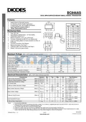 BC846AS-7 datasheet - DUAL NPN SURFACE MOUNT SMALL SIGNAL TRANSISTOR