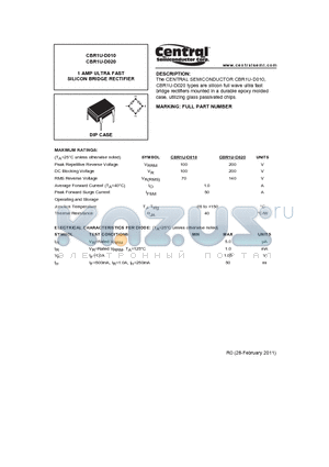 CBR1U-D020 datasheet - 1 AMP ULTRA FAST SILICON BRIDGE RECTIFIER