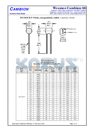 553-3635 datasheet - R F Choke, encapsulated, radial