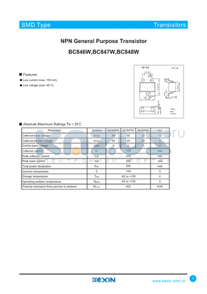 BC846AW datasheet - NPN General Purpose Transistor