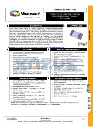 1N6469US datasheet - VOIDLESS HERMETICALLY SEALED SURFACE MOUNT UNDIRECTIONAL TRANSIENT SUPPRESSORS