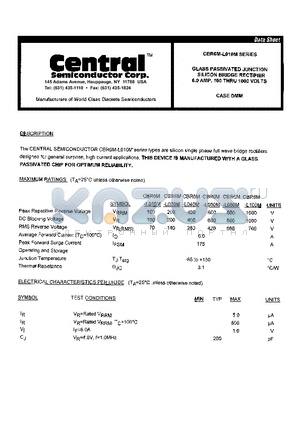 CBR6M-L020M datasheet - GLASS PASSIVE JUNCTION SILICON BRIDGE RECTIFIER 6.0 AMP, 100 THRU VOLTS