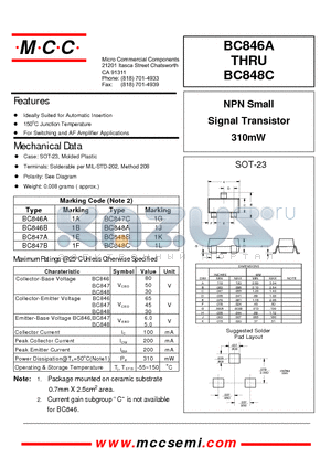 BC846B datasheet - NPN Small Signal Transistor 310mW