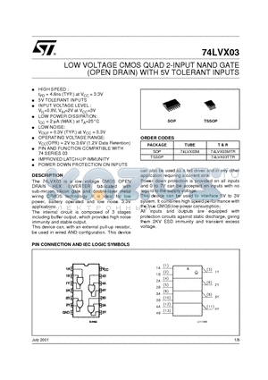 74LVX03MTR datasheet - LOW VOLTAGE CMOS QUAD 2-INPUT NAND GATE (OPEN DRAIN) WITH 5V TOLERANT INPUTS