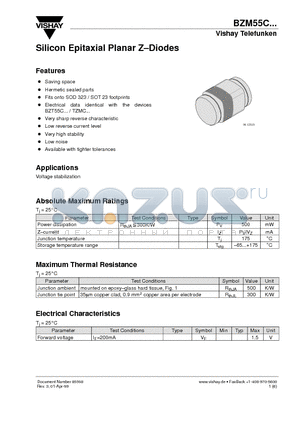 BZM55C56 datasheet - Silicon Epitaxial Planar Z-Diodes