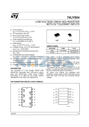 74LVX04 datasheet - LOW VOLTAGE CMOS HEX INVERTER WITH 5V TOLERANT INPUTS