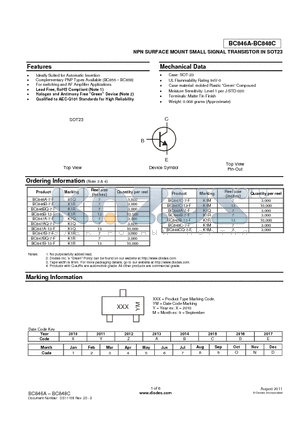 BC846B-7-F datasheet - NPN SURFACE MOUNT SMALL SIGNAL TRANSISTOR IN SOT23