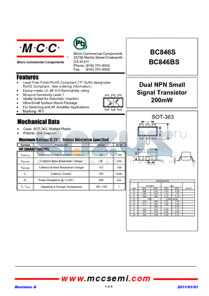 BC846BS datasheet - Dual NPN Small Signal Transistor 200mW