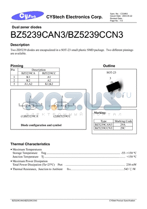 29C datasheet - Two ZD5239 diodes are encapsulated in a SOT-23 small plastic SMD package. Two different pinnings are available.