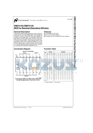 DM54145 datasheet - BCD to Decimal Decoders/Drivers