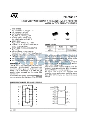 74LVX157MTR datasheet - LOW VOLTAGE QUAD 2 CHANNEL MULTIPLEXER WITH 5V TOLERANT INPUTS