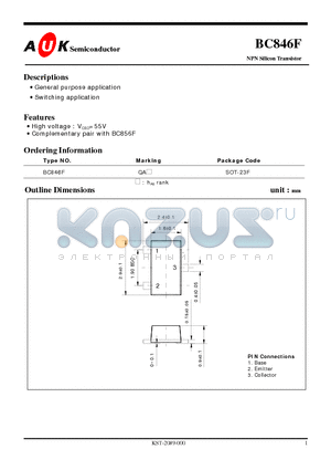 BC846F datasheet - NPN Silicon Transistor (General purpose application Switching application)