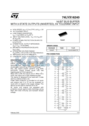 74LVX16240 datasheet - 16-BIT BUS BUFFER WITH 3-STATE OUTPUTS