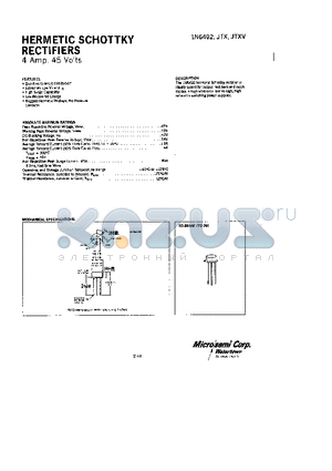 1N6492 datasheet - HERMETIC SCHOTTKY RECTIFIERS