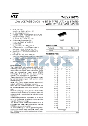 74LVX16373TTR datasheet - LOW VOLTAGE CMOS 16-BIT D-TYPE LATCH (3-STATE) WITH 5V TOLERANT INPUTS