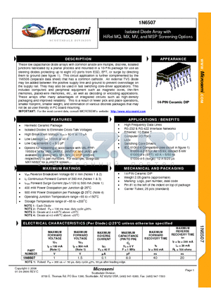 1N6507 datasheet - Isolated Diode Array with HiRel MQ, MX, MV, and MSP Screening Options